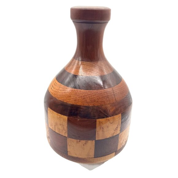 Handcrafted Wooden Decorative Vase from Kaneohe Hawaii W/ Checkered Pattern 11"H - Picture 2 of 6